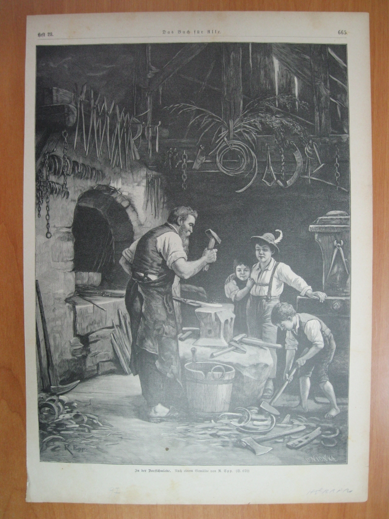 Herrero y niños en taller metalúrgico alemán, 1897